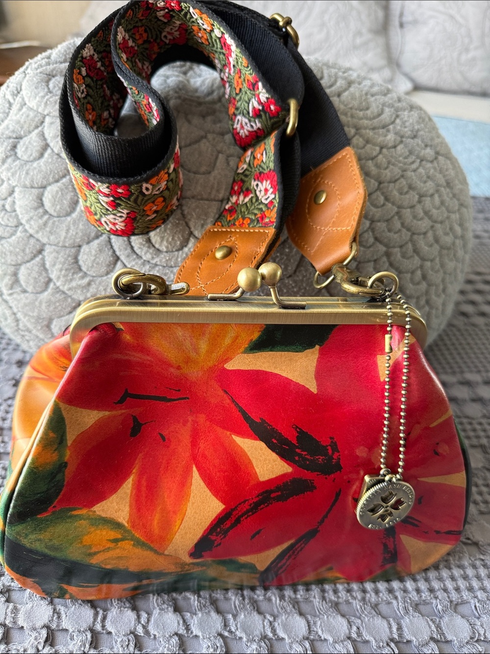 Patricia Nash Kisslock Crossbody Bag with Embroidered Strap - Red & Orange